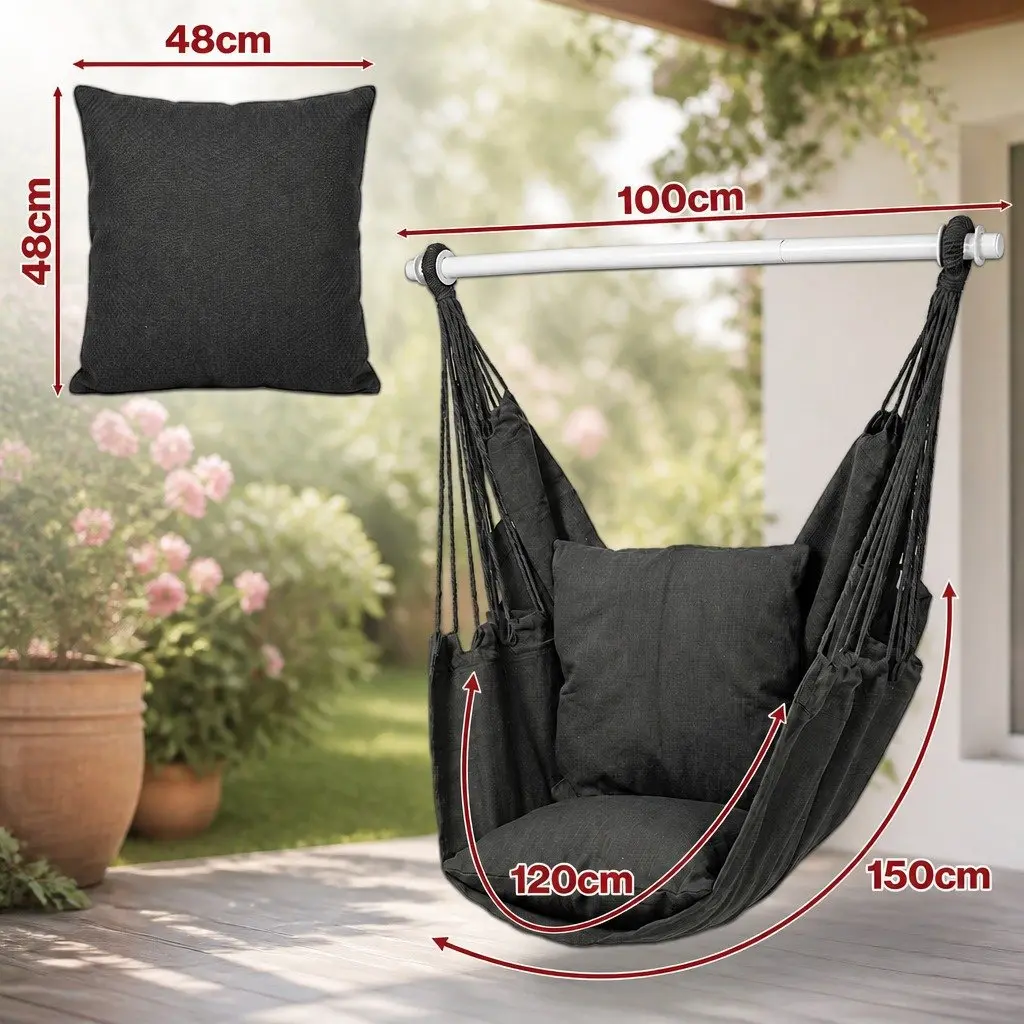 Hammock Chair 100cm x 120cm Hanging Swing Seat Indoor Outdoor Relaxation with 2 Cushions