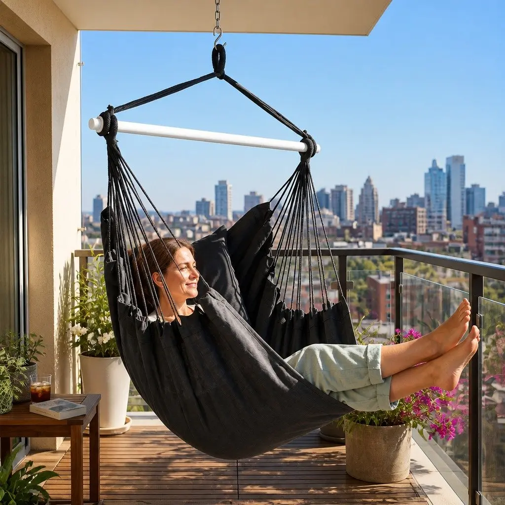 Hammock Chair 100cm x 120cm Hanging Swing Seat Indoor Outdoor Relaxation with 2 Cushions