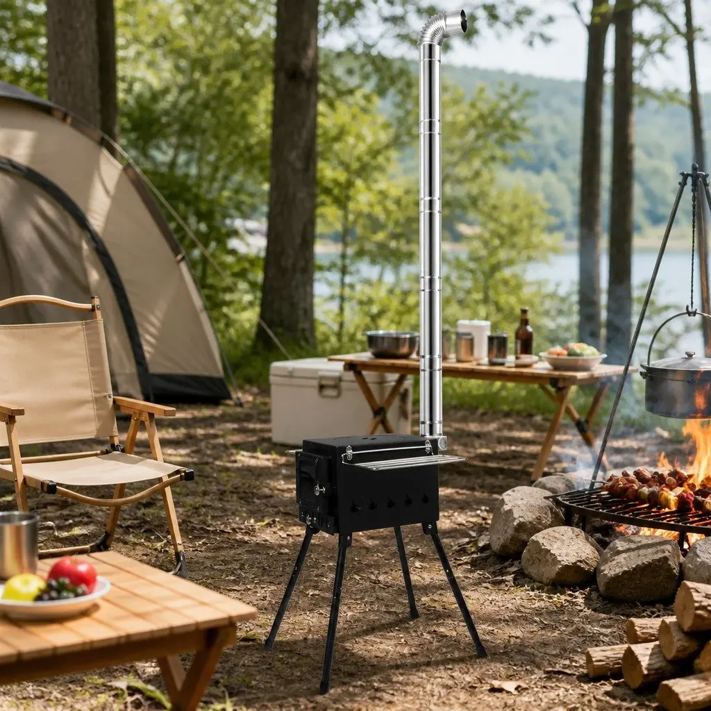 Portable Camping Oven Charcoal Wood Burning Grill with Foldable Legs