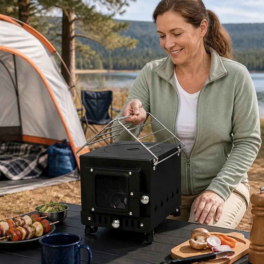 Portable Camping Oven Charcoal Wood Burning Grill with Foldable Legs