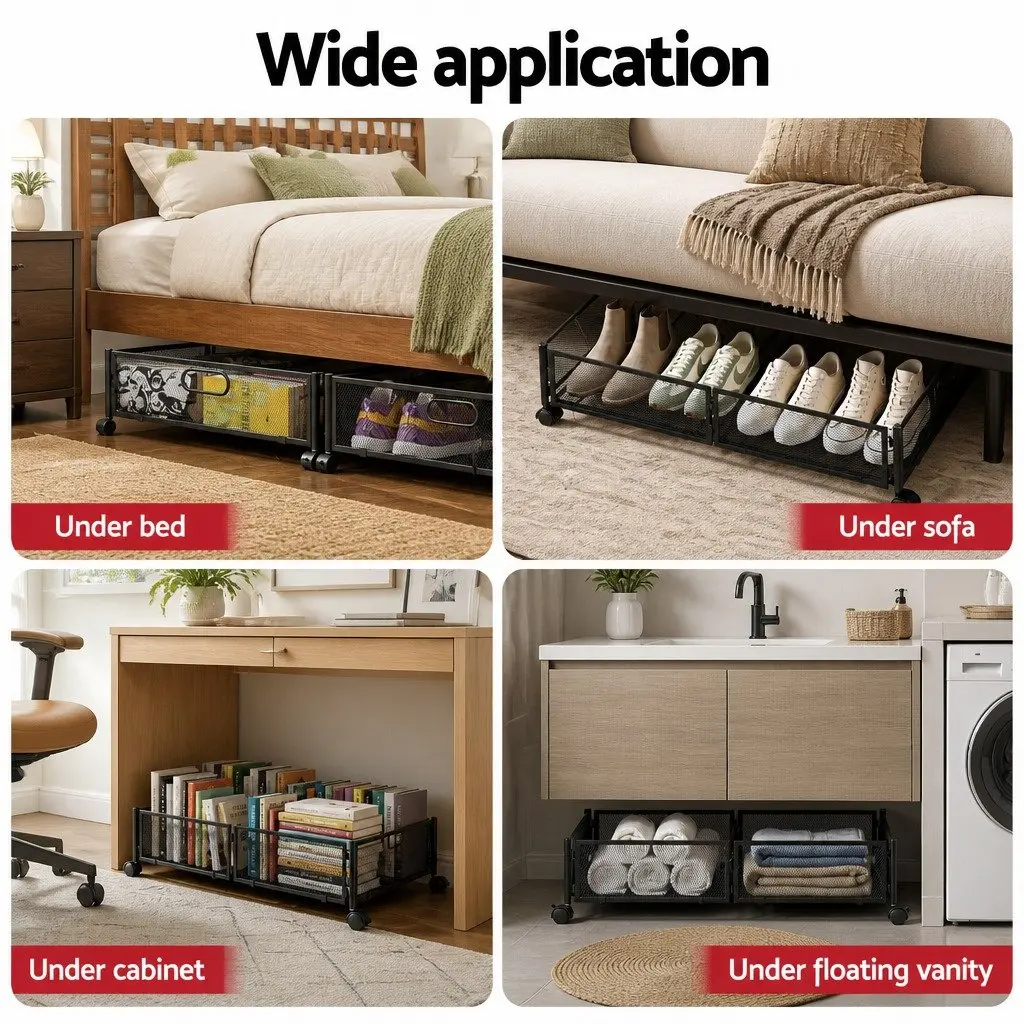 Under Bed Storage Containers Set of 2 Metal Boxes Organiser with Wheels