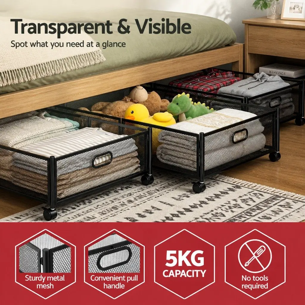 Under Bed Storage Containers Set of 4 Metal Boxes with Wheels Bedroom Organiser