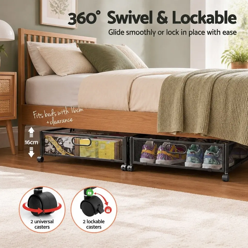 Under Bed Storage Containers Set of 4 Metal Boxes with Wheels Bedroom Organiser