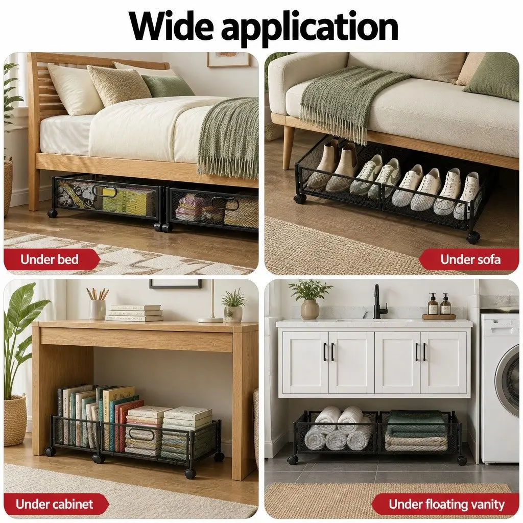 Under Bed Storage Containers Set of 4 Metal Boxes with Wheels Bedroom Organiser