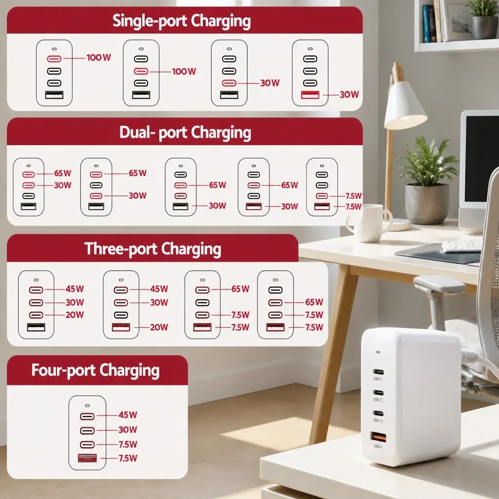 USB C Charger 100W 4 Port Fast Charging Station Desktop GaN Power Adapter White