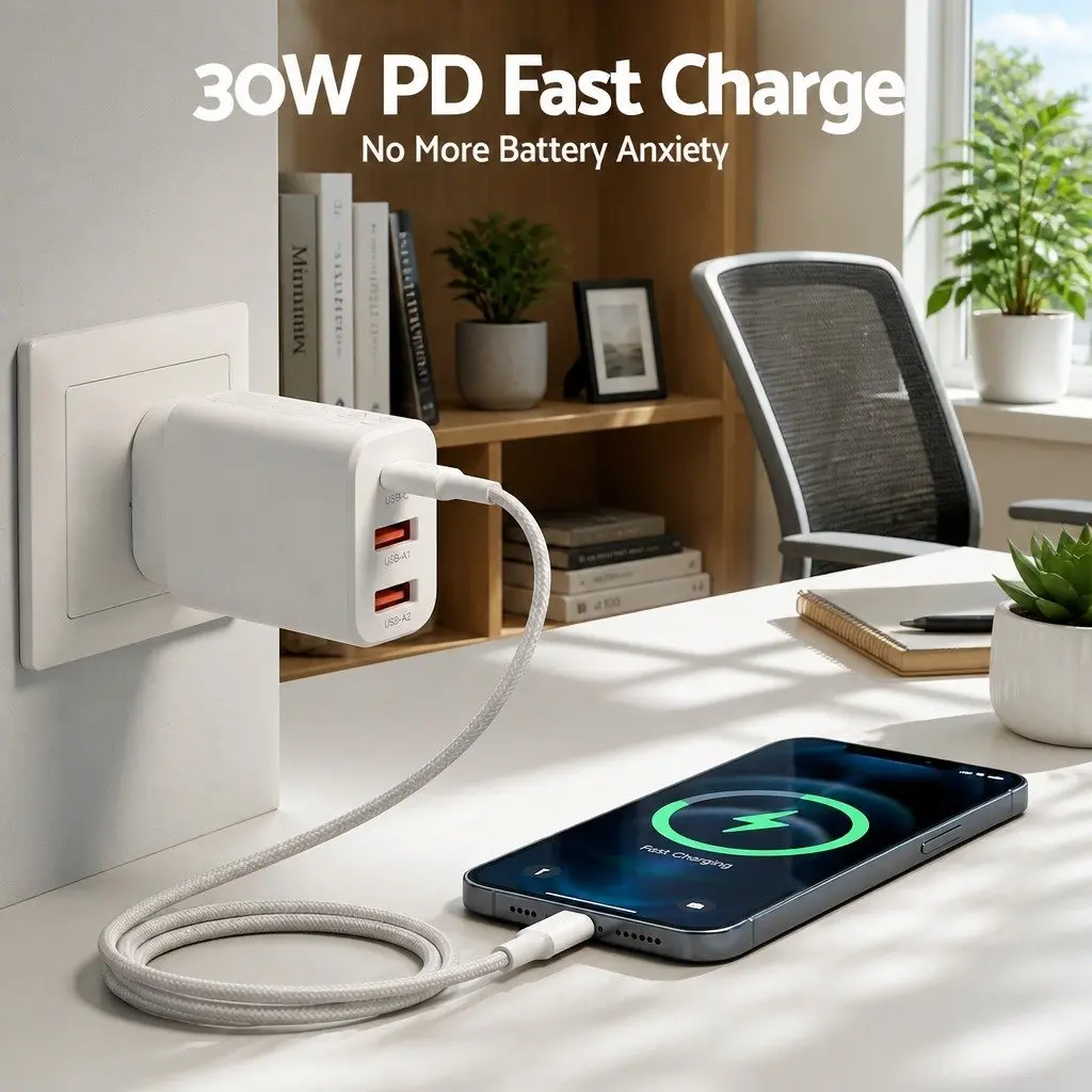 30W USB C Fast Charging Wall Adapter 3 Port Compact AU Plug White