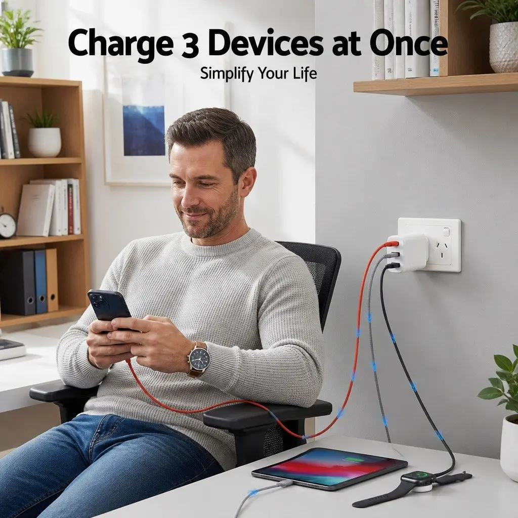 30W USB C Fast Charging Wall Adapter 3 Port Compact AU Plug White