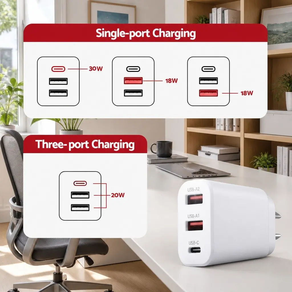 30W USB C Fast Charging Wall Adapter 3 Port Compact AU Plug White