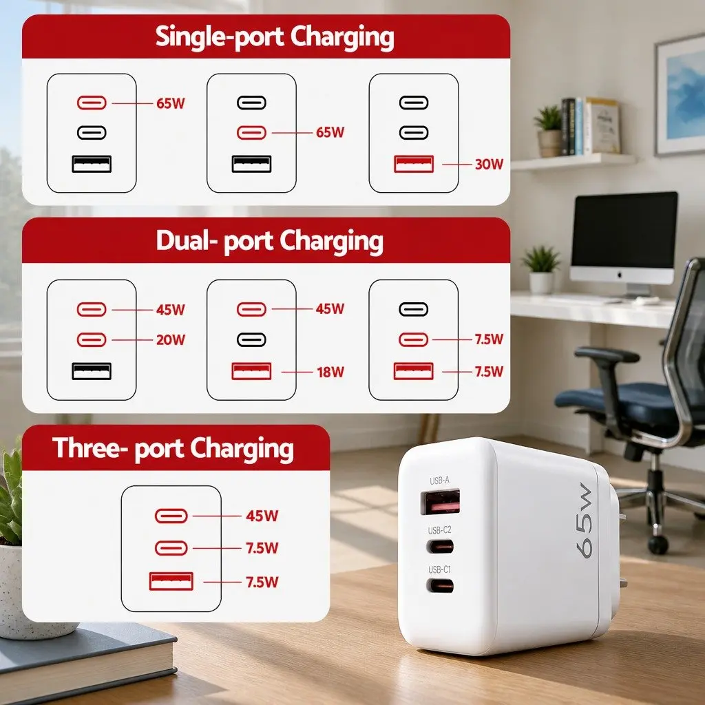 USB C Wall Charger 65W Fast Charging 3 Port PD Adapter Travel Power Block White