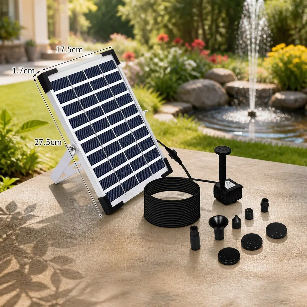 Solar Powered Water Fountain Outdoor Feature 5W Polycrystalline Panel 8 Nozzle Options