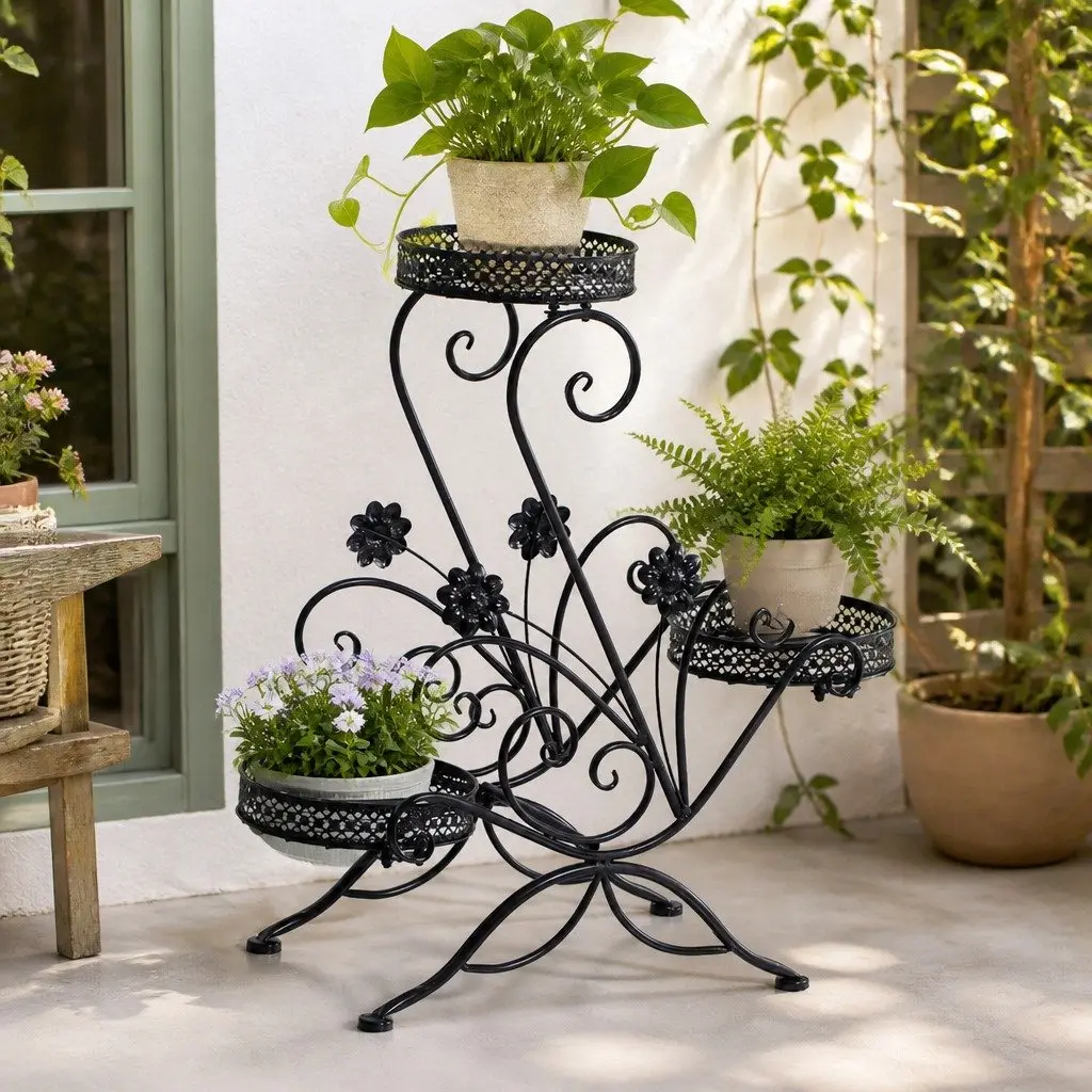 Metal Plant Stand Black Steel Frame Indoor Outdoor Display Shelf