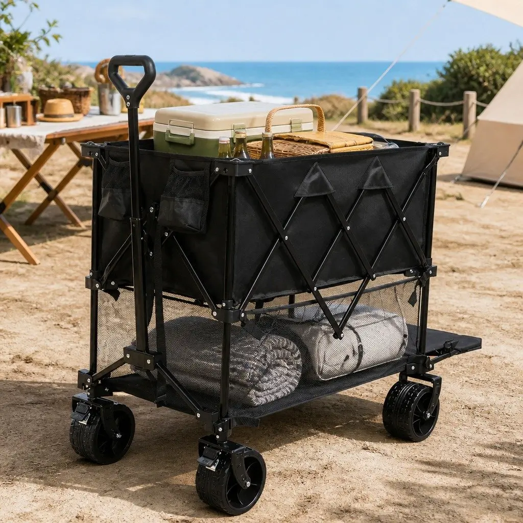 Folding Wagon Cart 400L Capacity Double Shelves All-Terrain Swivel Wheels
