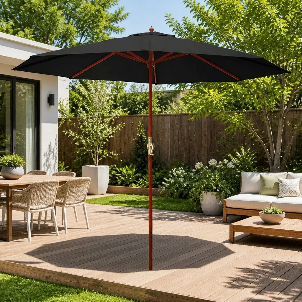Outdoor Umbrella 3m Centre Post Pole Octagonal Canopy Beach Garden Patio Black