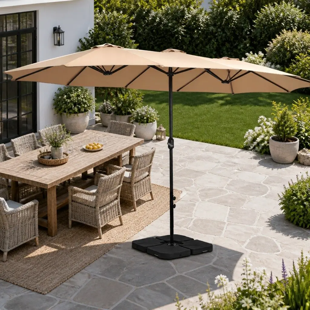 4.57m Outdoor Umbrella with Base Stand Double-Sided UV50 Water-Resistant Polyester Fabric Beige Black
