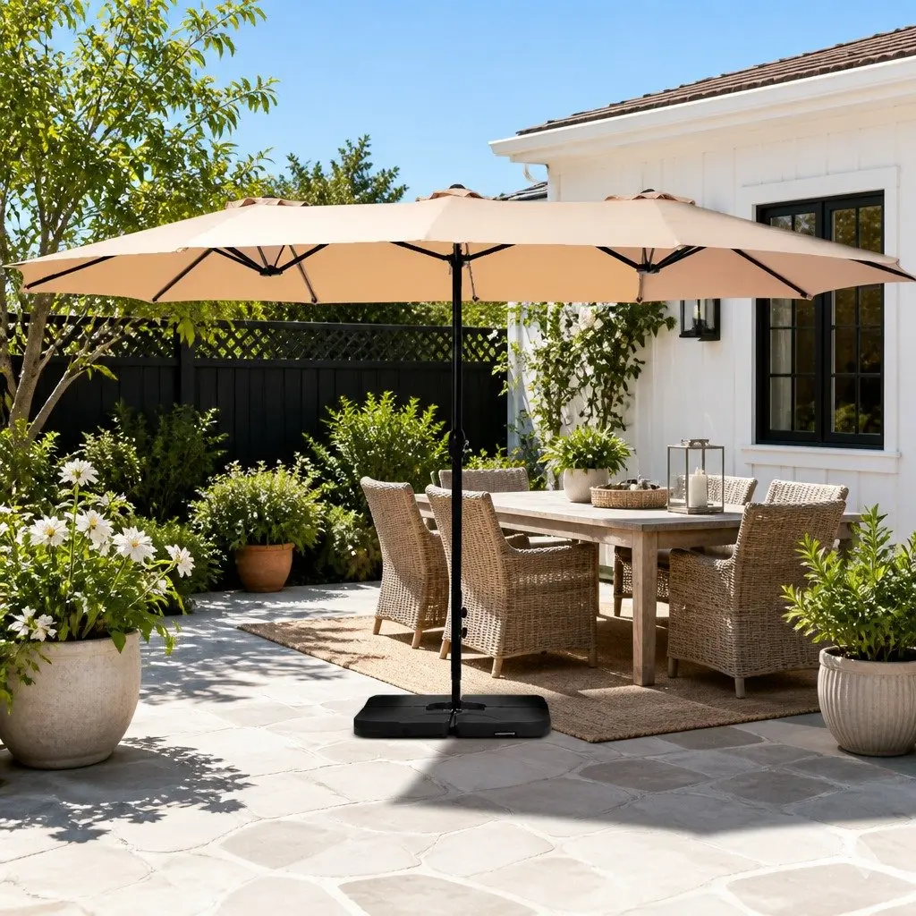 4.57m Outdoor Umbrella with Base Stand Double-Sided UV50 Water-Resistant Polyester Fabric Beige Black