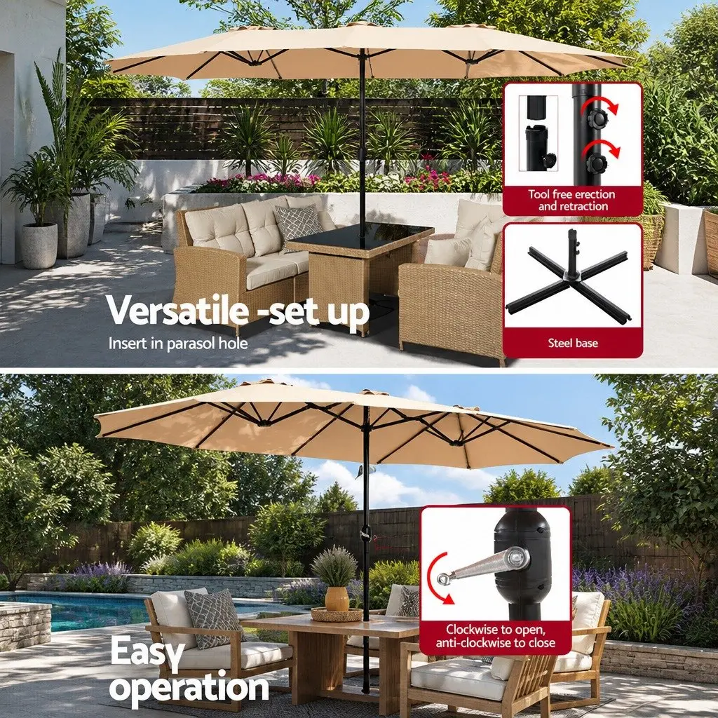 4.57m Outdoor Umbrella with Base Stand Double-Sided UV50 Water-Resistant Polyester Fabric Beige Black