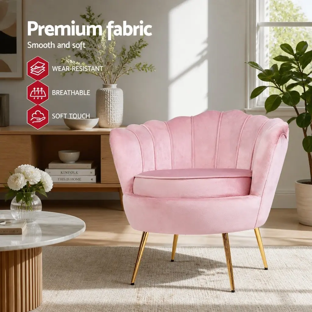 Pink Velvet Armchair Shell Back Design Accent Chair with Golden Metal Legs