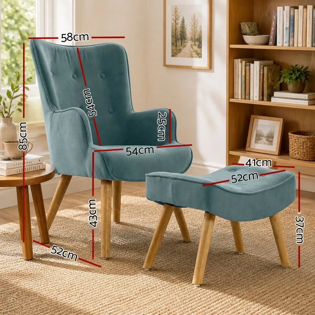 Armchair Set 58cm Blue Velvet Upholstered Scandinavian Style with Matching Ottoman