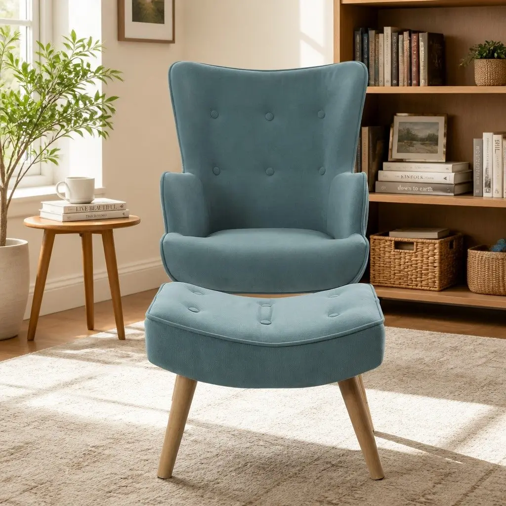 Armchair Set 58cm Blue Velvet Upholstered Scandinavian Style with Matching Ottoman