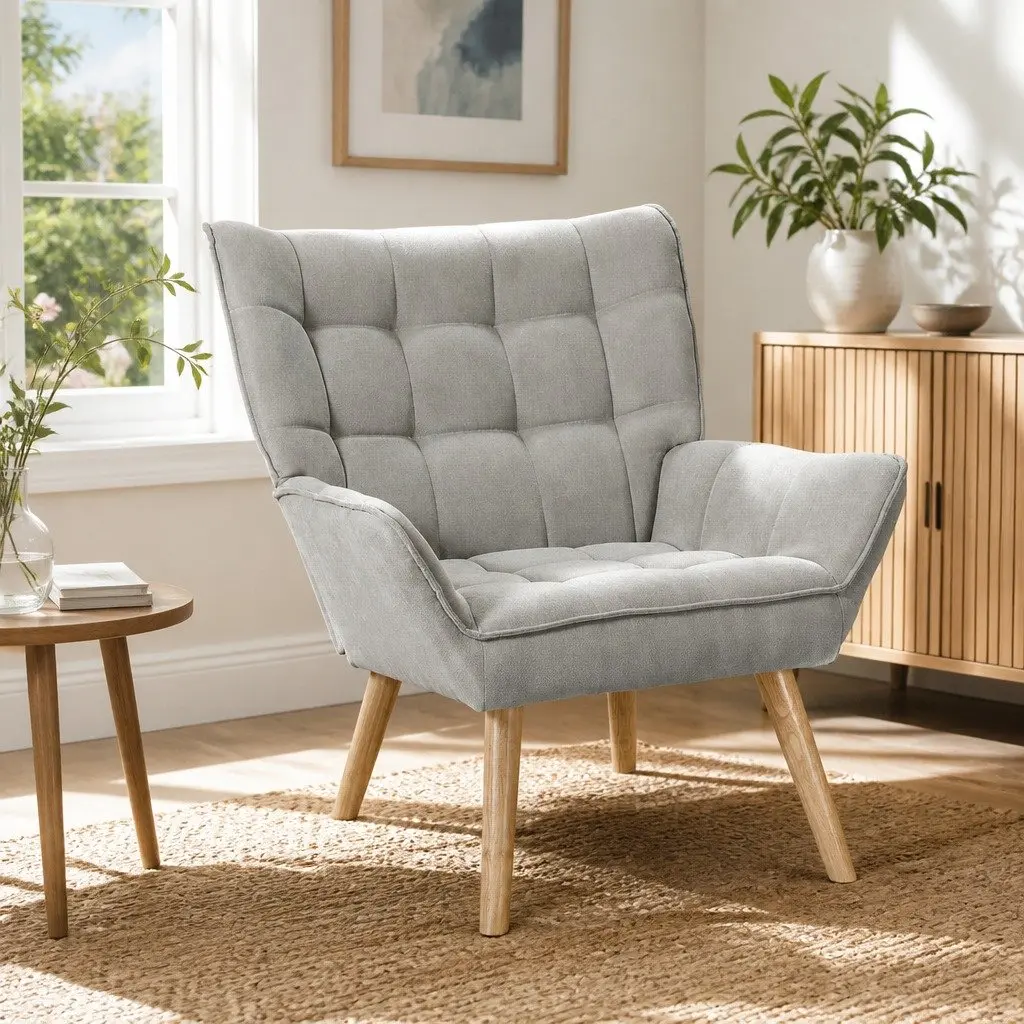 Armchair Lounge Chair Accent Seat Modern Scandinavian Style Grey Faux Linen