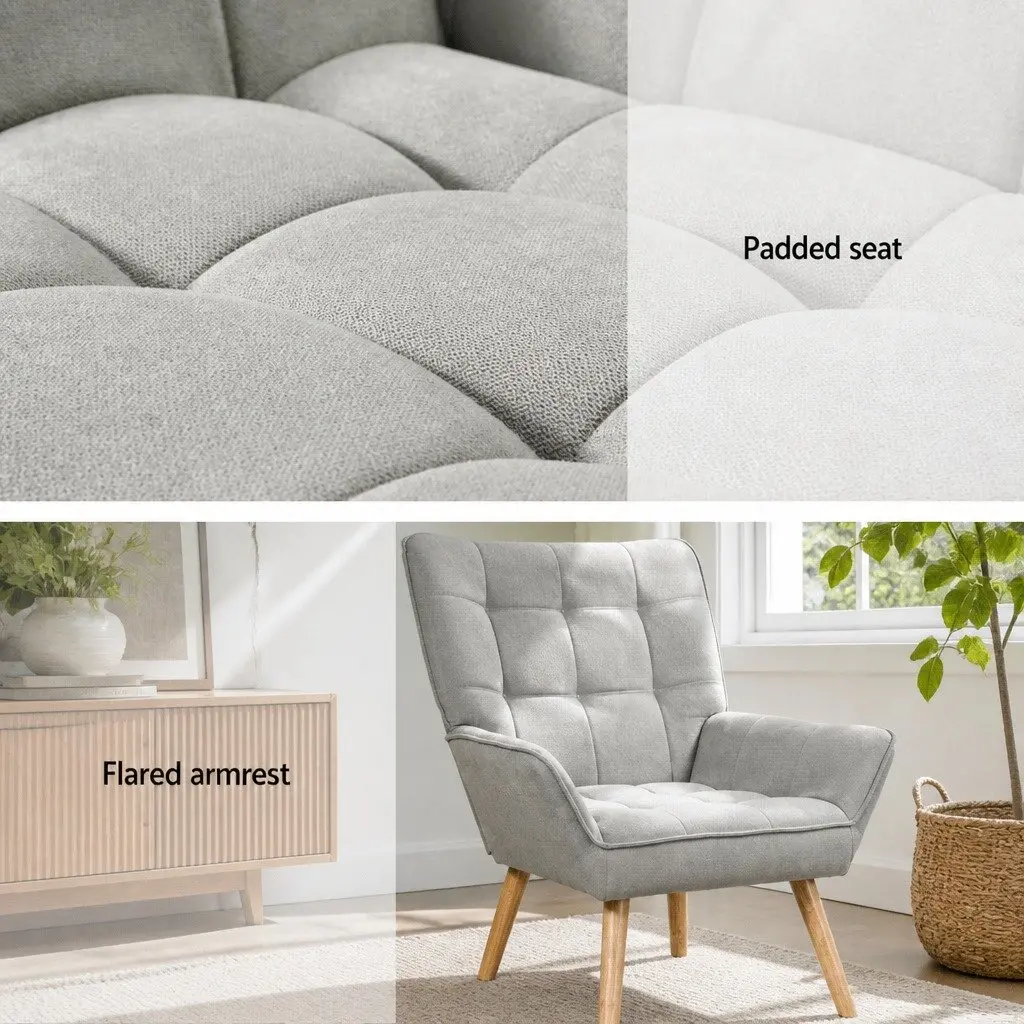 Armchair Lounge Chair Accent Seat Modern Scandinavian Style Grey Faux Linen