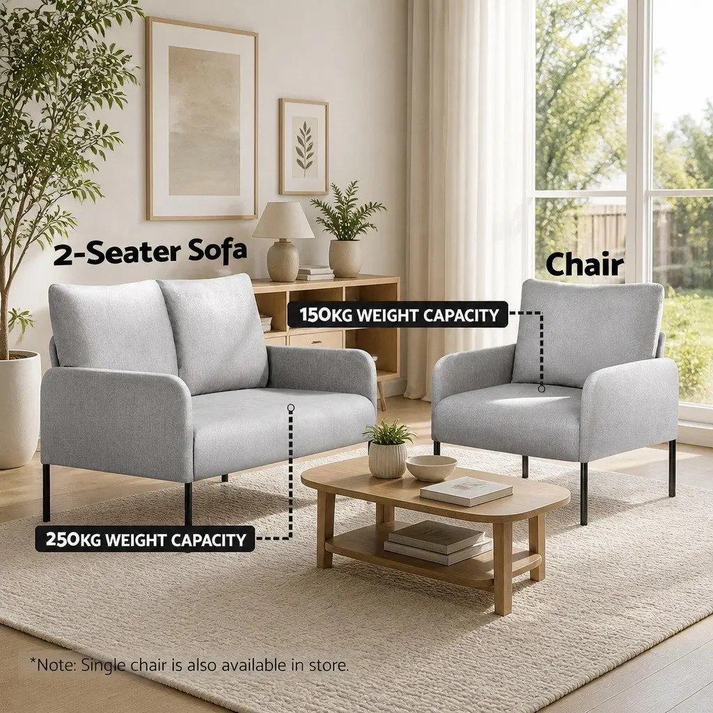 2 Seater Sofa Armchair Linen Grey Cushioned Seat