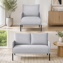 4 Seater Armchair Sofa Set Modern Grey Linen Upholstery Living Room Furniture