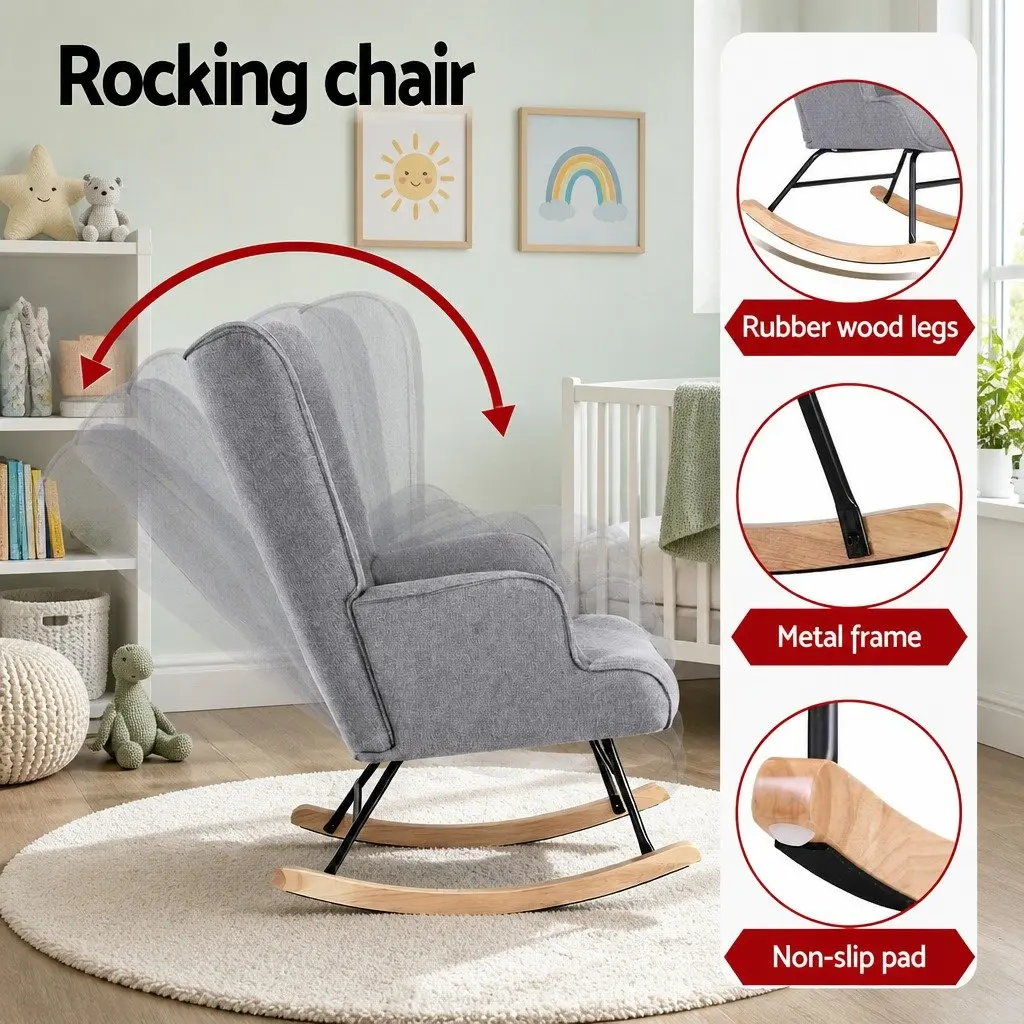 Armchair Grey Linen Fabric Nursing Chair Sturdy Metal Frame Curved Armrests