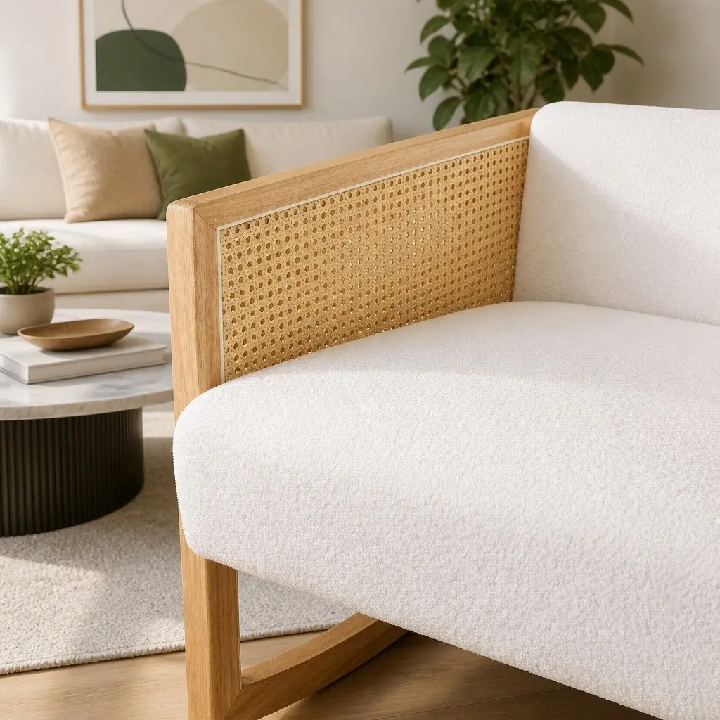 Rocking Chair White Teddy Fabric Upholstery Vintage Rattan Armrests Gentle Rocking Motion