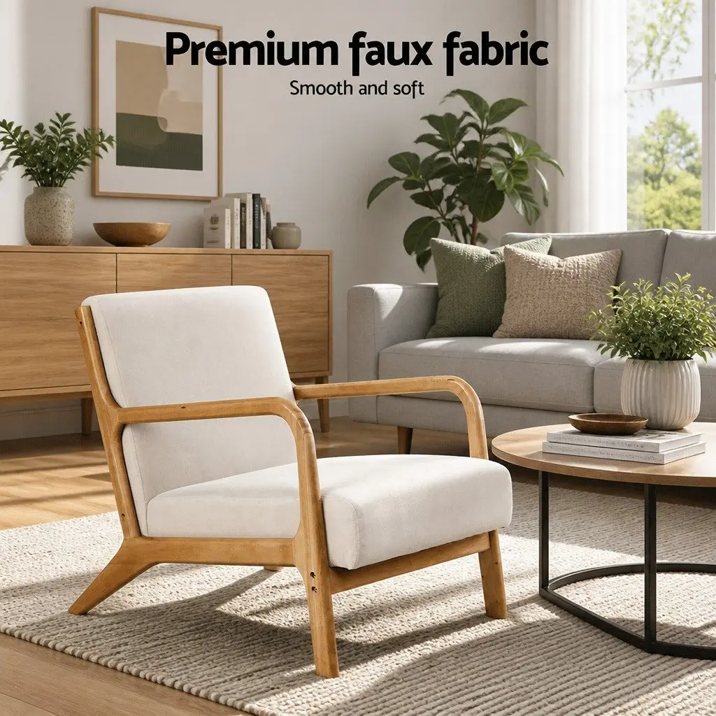 Armchair Fabric Beige Lounge Chair with Rubber Wood Legs Comfortable Seating