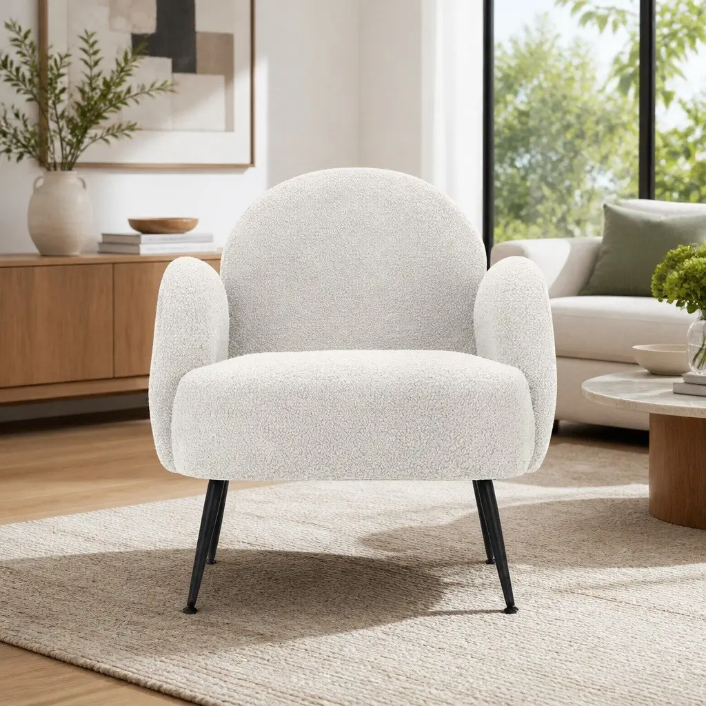 Armchair White Sherpa Fabric High-Resilience Foam Steel Legs