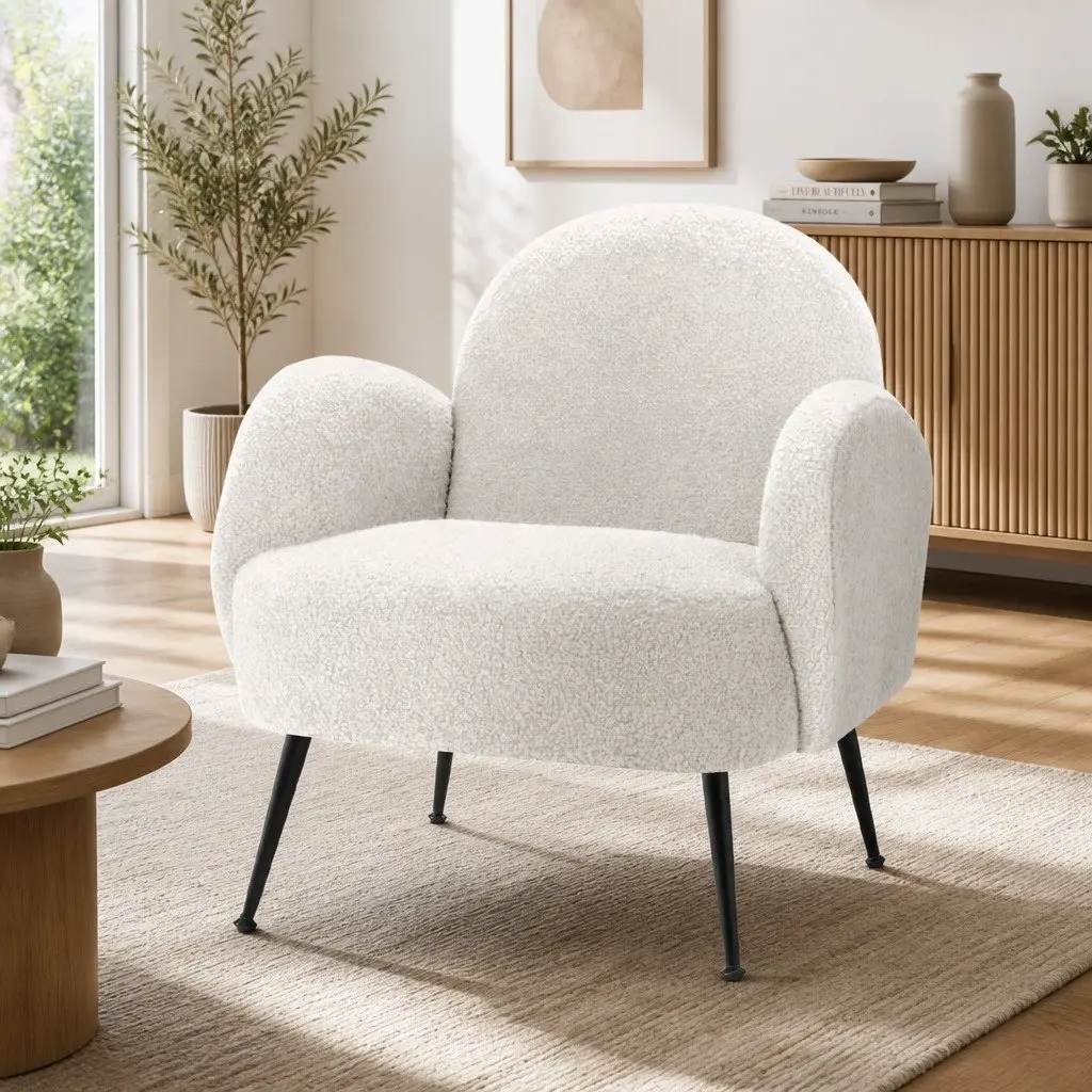 Armchair White Sherpa Fabric High-Resilience Foam Steel Legs