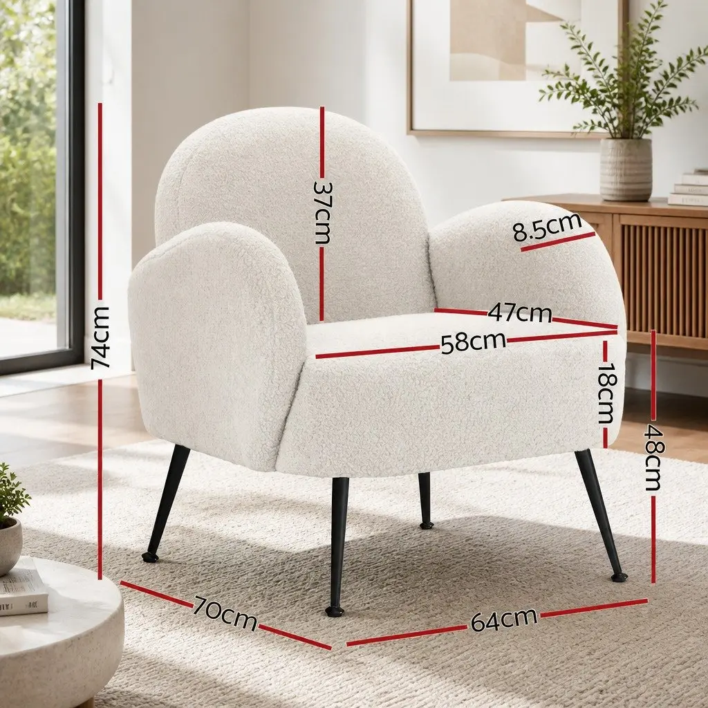 Armchair White Sherpa Fabric High-Resilience Foam Steel Legs