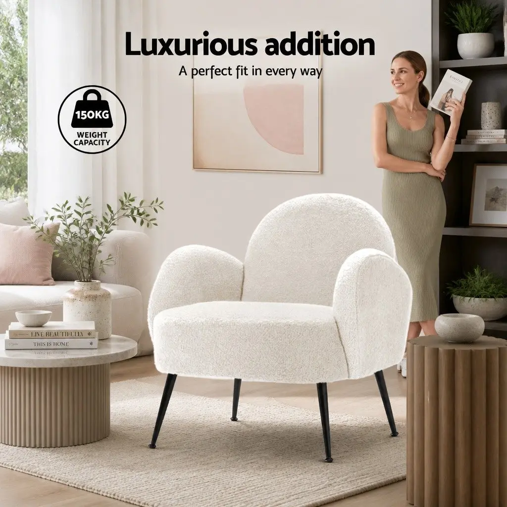 Armchair White Sherpa Fabric High-Resilience Foam Steel Legs