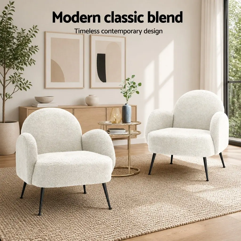 Armchair White Sherpa Fabric High-Resilience Foam Steel Legs