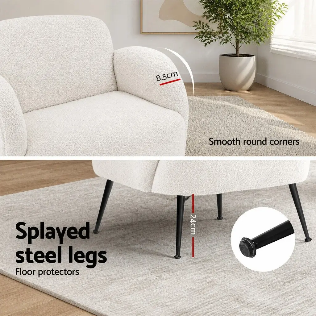 Armchair White Sherpa Fabric High-Resilience Foam Steel Legs