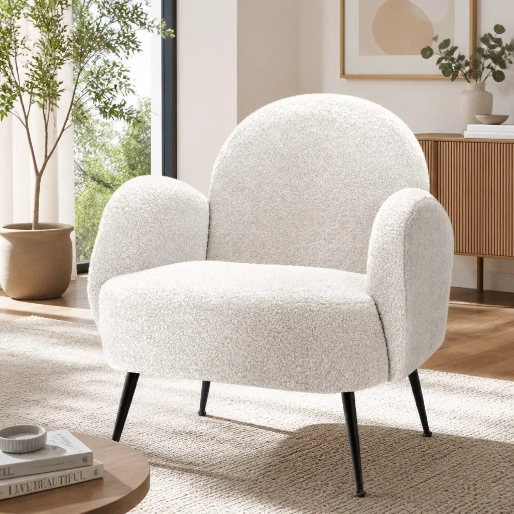 Armchair White Sherpa Fabric High-Resilience Foam Steel Legs