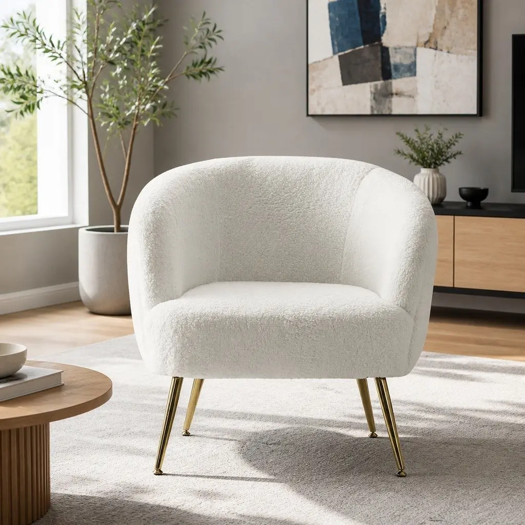 Armchair White Sherpa Fabric Upholstered Curvy Winged Backrest