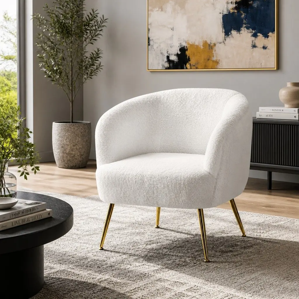 Armchair White Sherpa Fabric Upholstered Curvy Winged Backrest