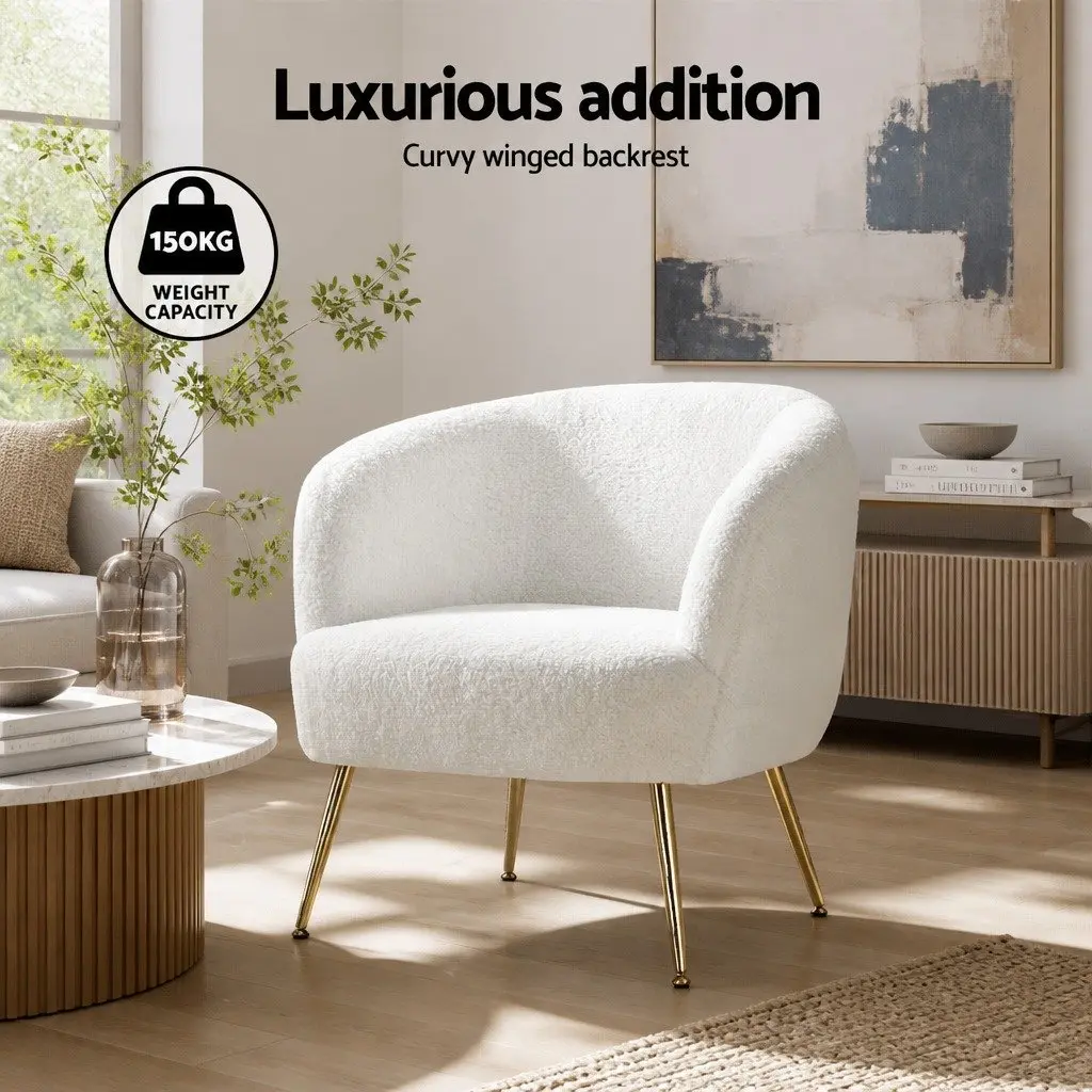 Armchair White Sherpa Fabric Upholstered Curvy Winged Backrest