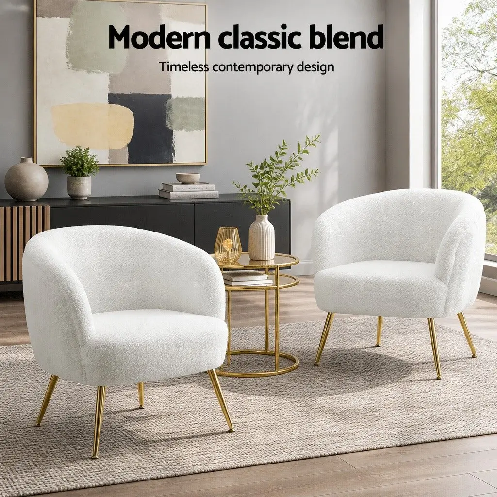 Armchair White Sherpa Fabric Upholstered Curvy Winged Backrest