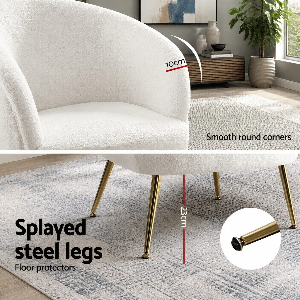 Armchair White Sherpa Fabric Upholstered Curvy Winged Backrest