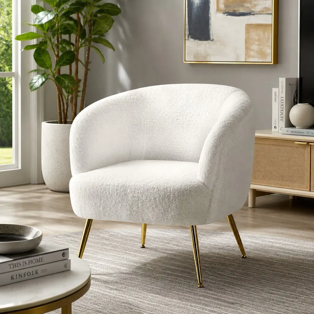 Armchair White Sherpa Fabric Upholstered Curvy Winged Backrest