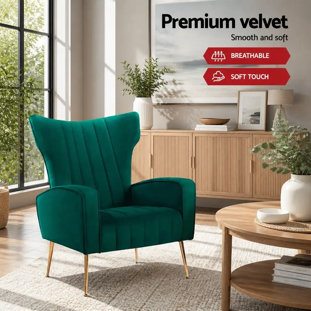 Armchair Green Velvet High Back Wide Seat Accent Chair with Metal Legs