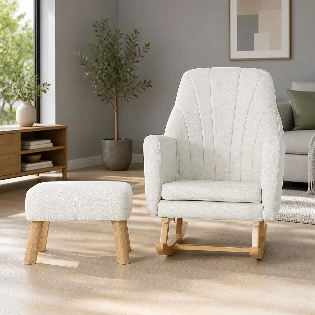 Rocking Chair Beige Linen Fabric Lounge with Footrest Rubberwood Legs