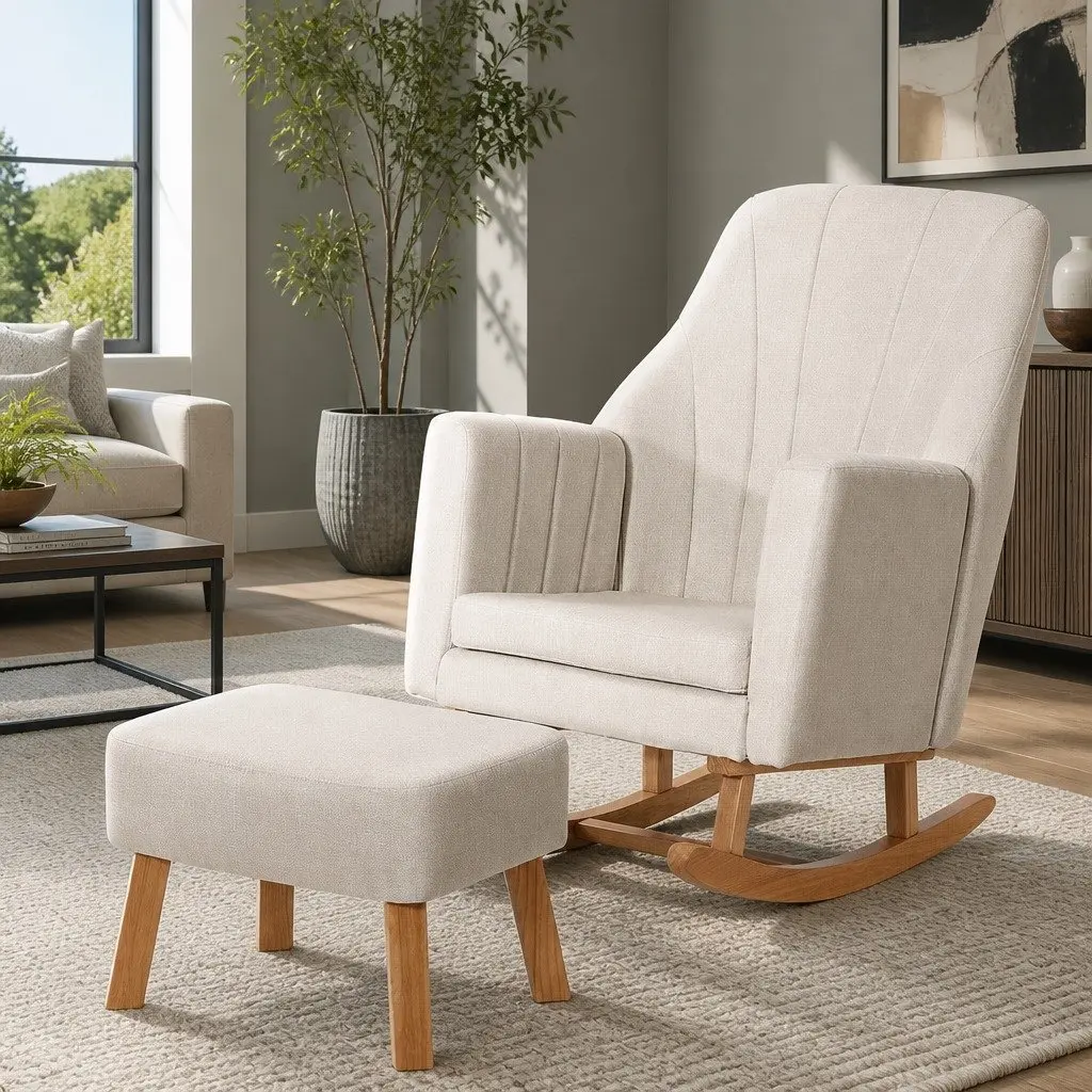Rocking Chair Beige Linen Fabric Lounge with Footrest Rubberwood Legs