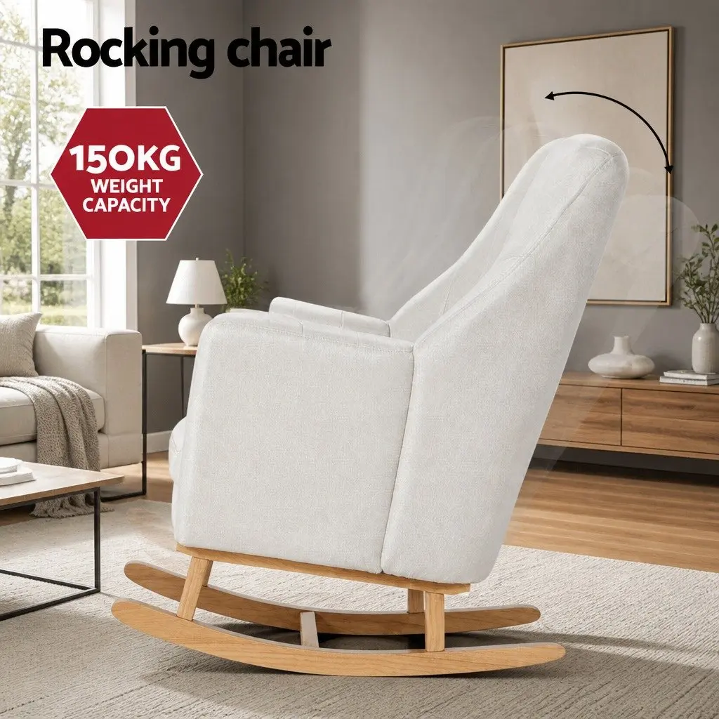 Rocking Chair Beige Linen Fabric Lounge with Footrest Rubberwood Legs