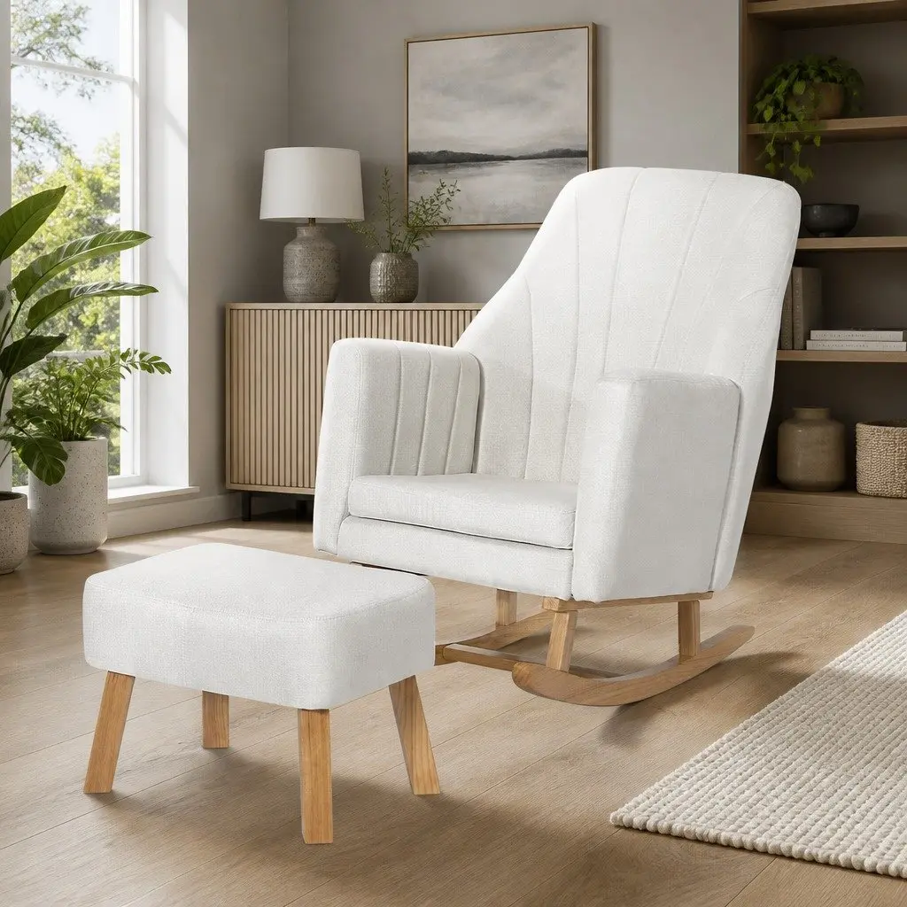 Rocking Chair Beige Linen Fabric Lounge with Footrest Rubberwood Legs