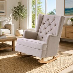 Rocking Chair Armchair Beige Linen Fabric Convertible Stationary Wingback Design