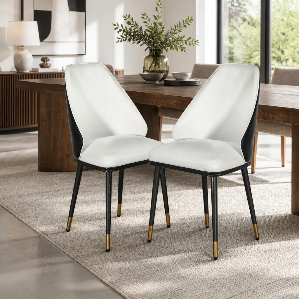 Set of 2 Dining Chairs with Contoured Backrest PU Leather Beige and Black Steel Legs